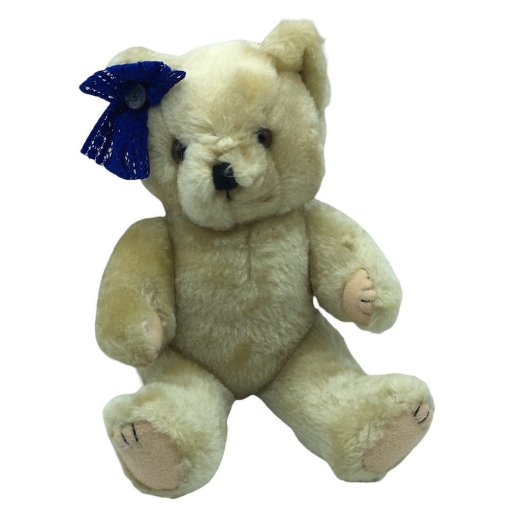 Teddy Bear Plush Stuffed Animal Posable Tan with Blue Lace Bow 10" Fabri-Centers